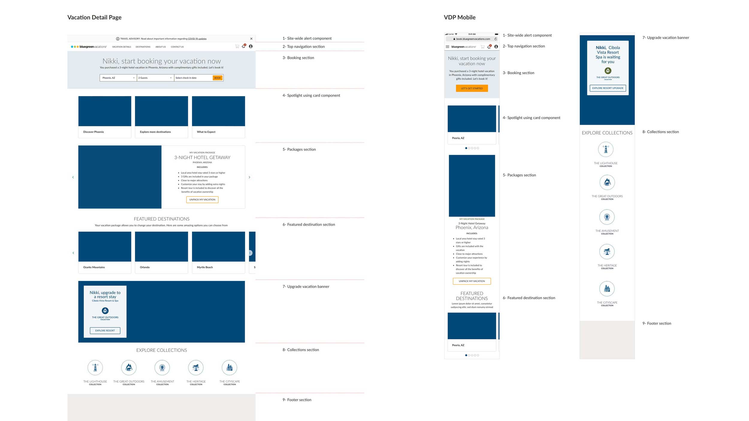 Vacation Detail Page wireframes